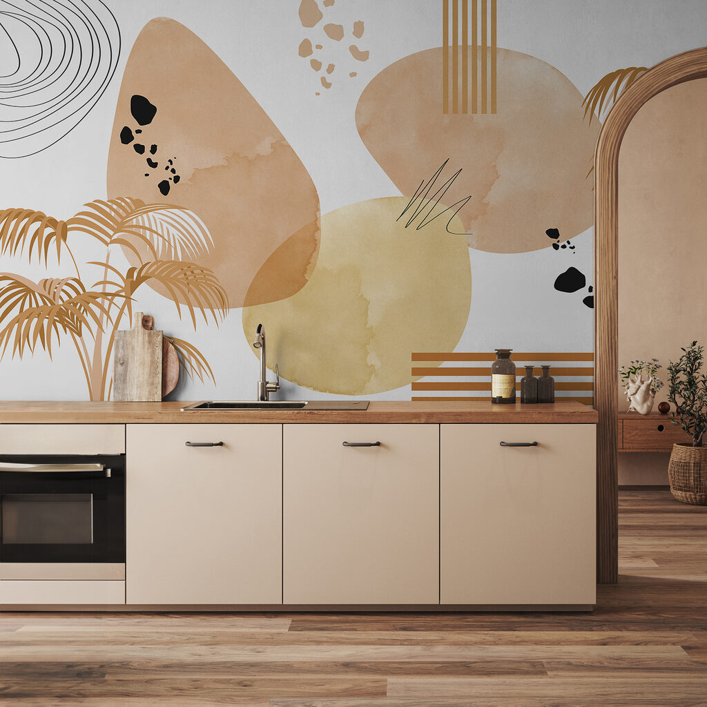 Palmen naast losse kleurvormen — interieur 1