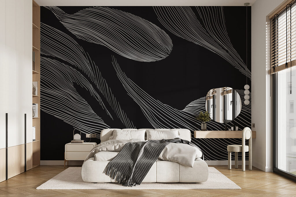 Een zwart-witafbeelding van een blad in een interieur