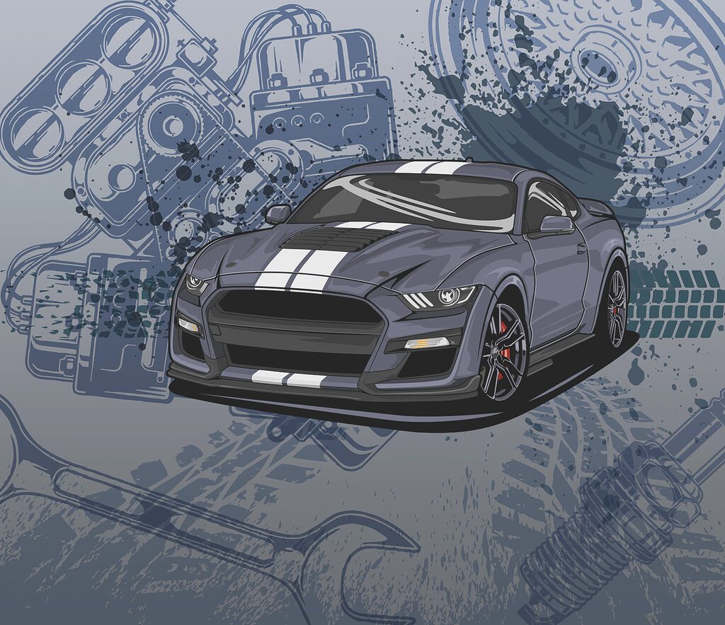 Sportauto tussen technische tekeningen — volledig ontwerp