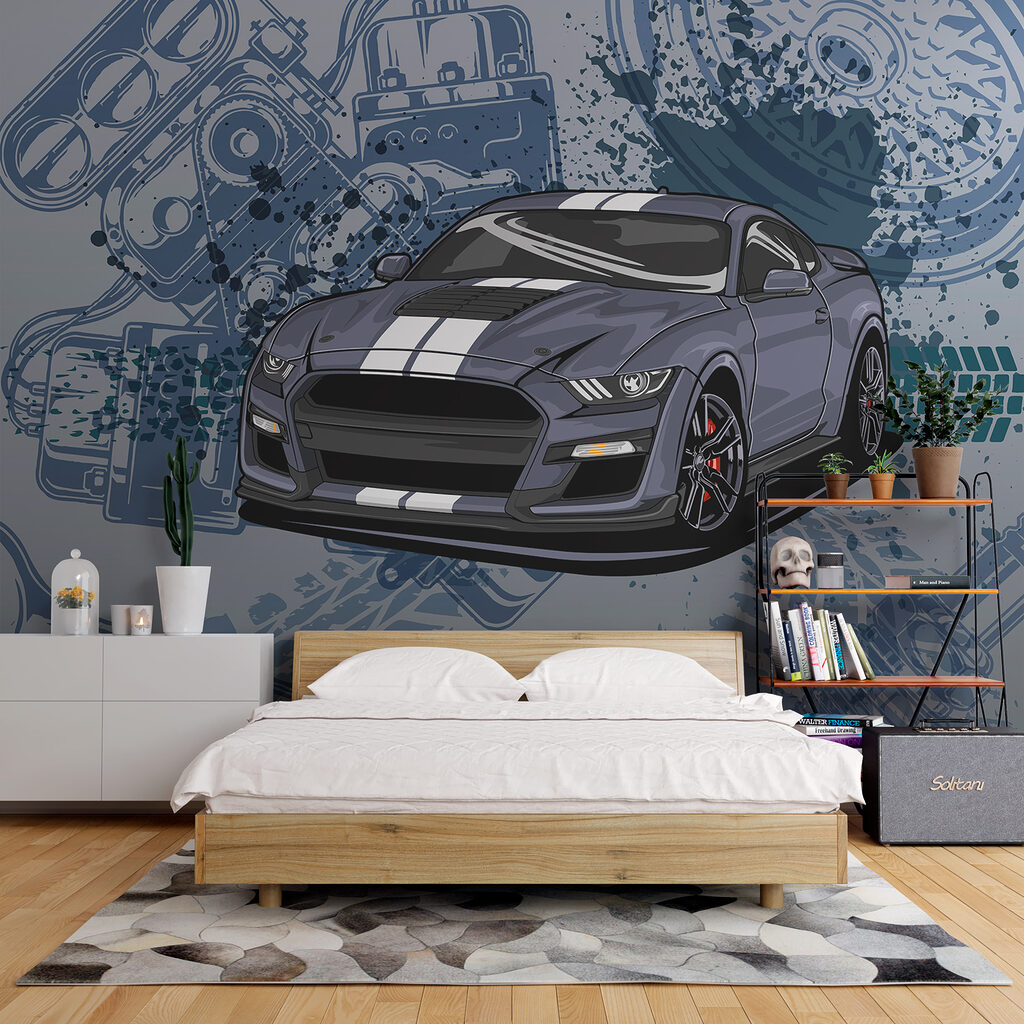 Een auto met een moersleutel en wielen in een interieur