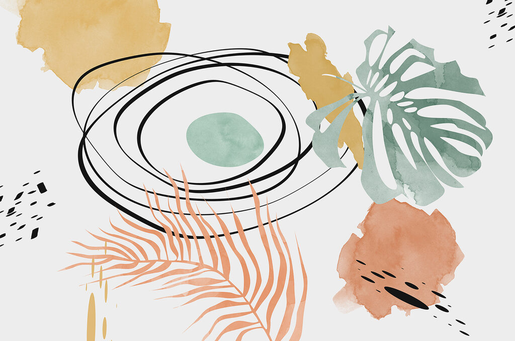 Bladeren tussen aquarelvlakken, lussen — volledig ontwerp