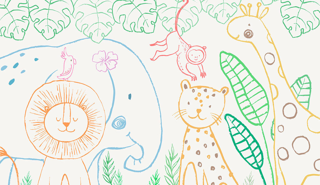 Jungledieren in vrolijke contouren — volledig ontwerp