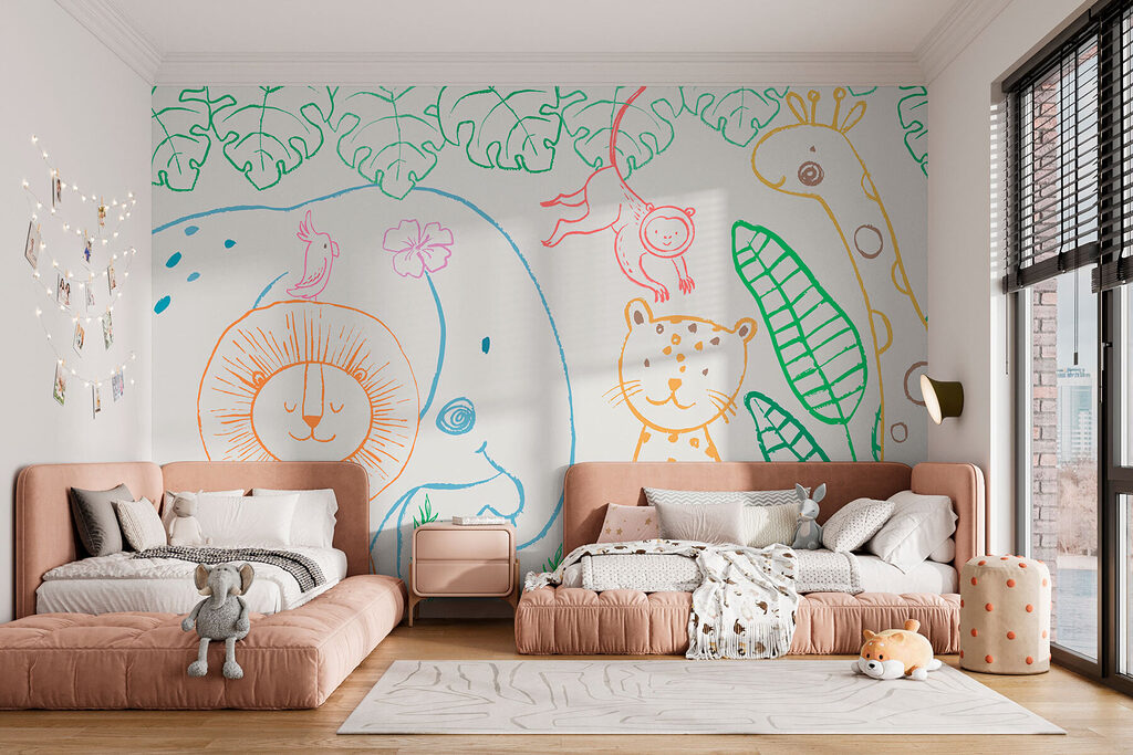 Een tekening van dieren en planten in een interieur