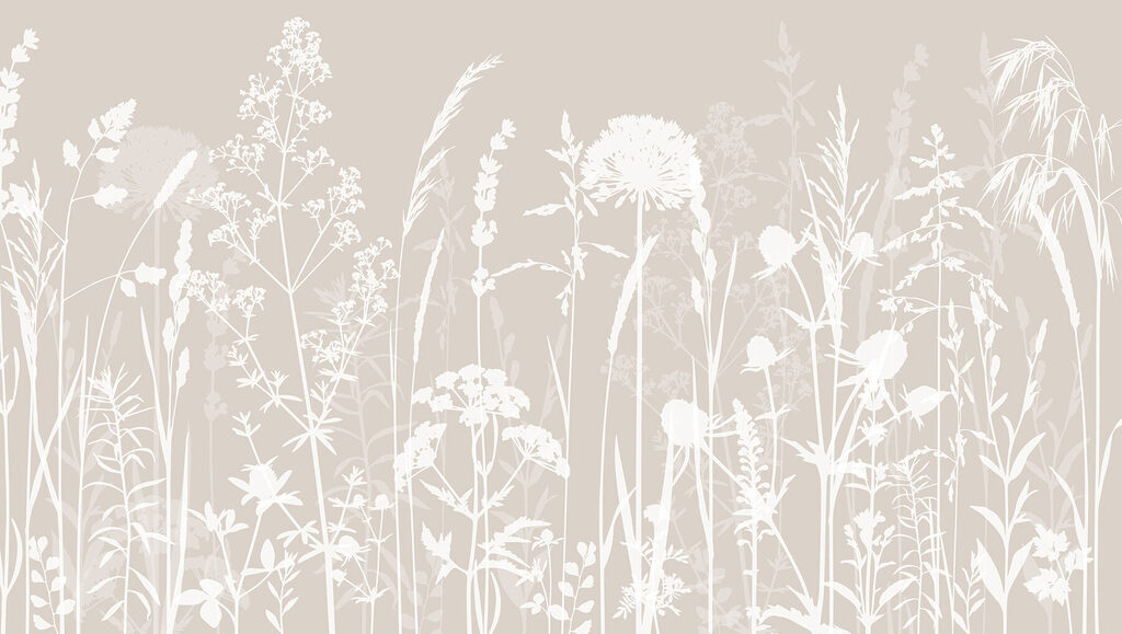 Witte weidebloemen op taupe — volledig ontwerp