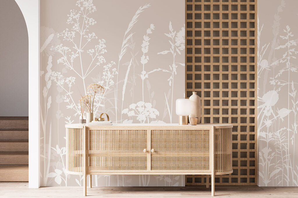 Witte weidebloemen op taupe — interieur 1