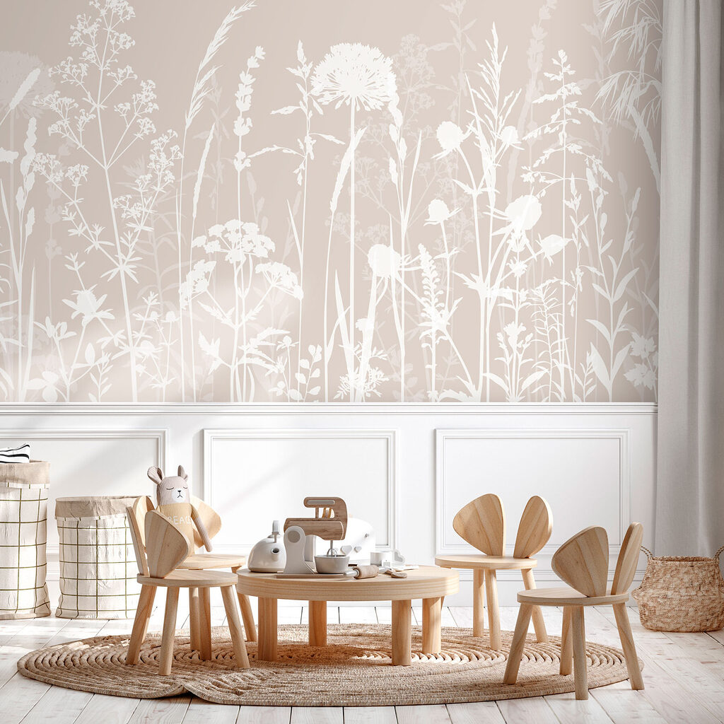 Witte weidebloemen op taupe — interieur 2