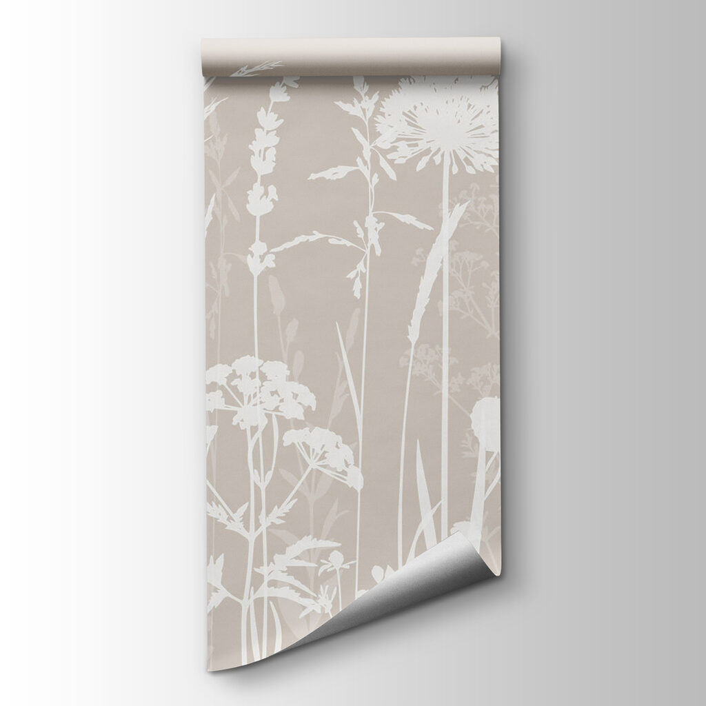 Witte weidebloemen op taupe — productweergave