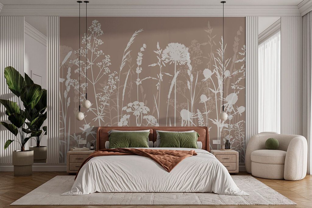 Elegante silhouetten van wilde bloemen in een interieur