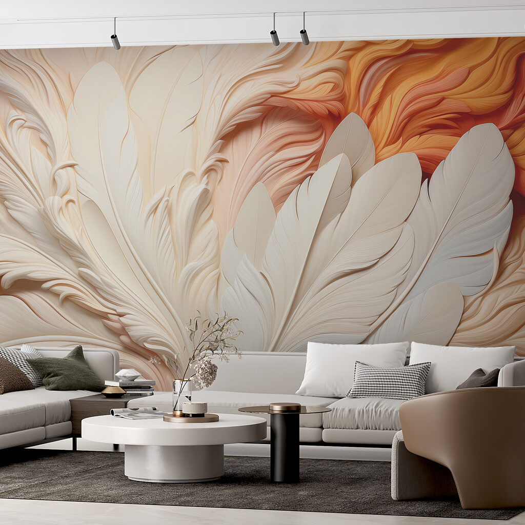 Roomwitte veren, oranje plooien — interieur 1