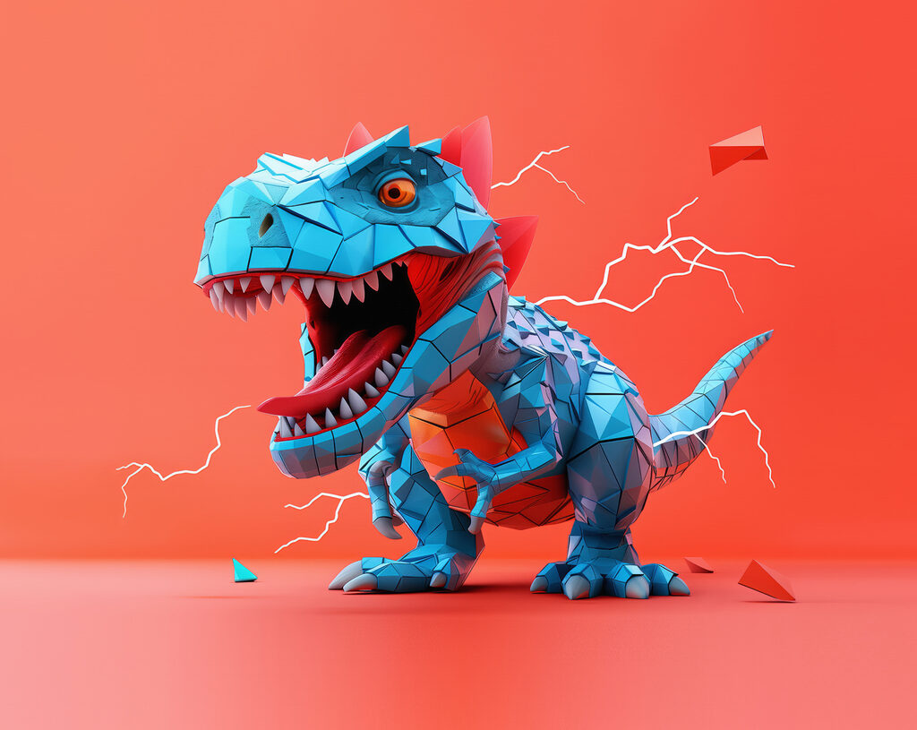 Blauwe dinosaurus op koraalrood — volledig ontwerp