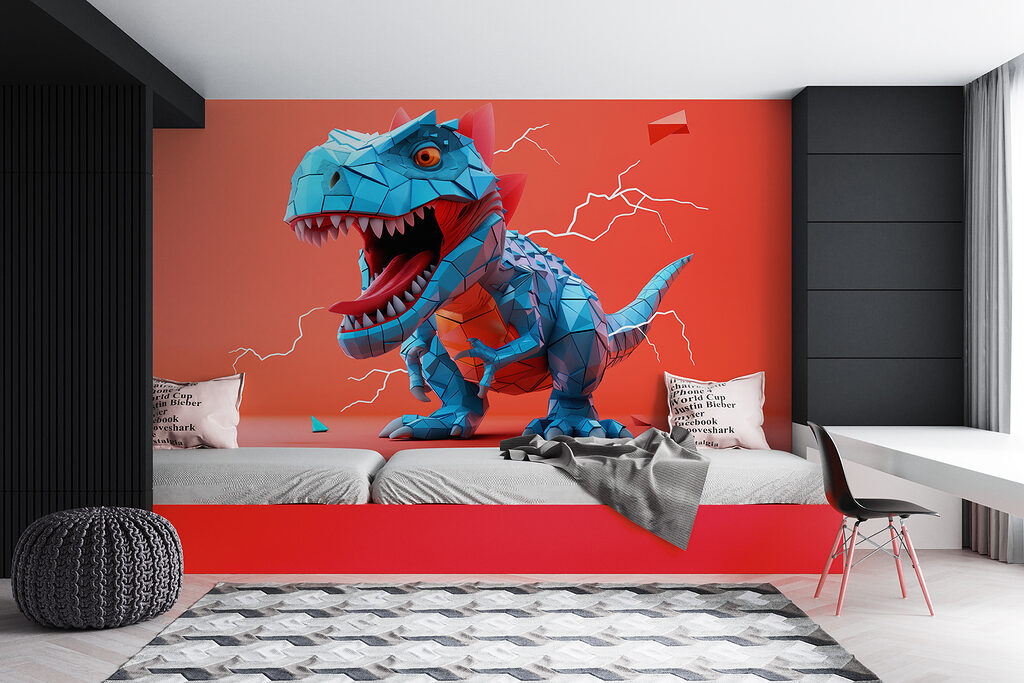 Blauwe dinosaurus op koraalrood — interieur 2
