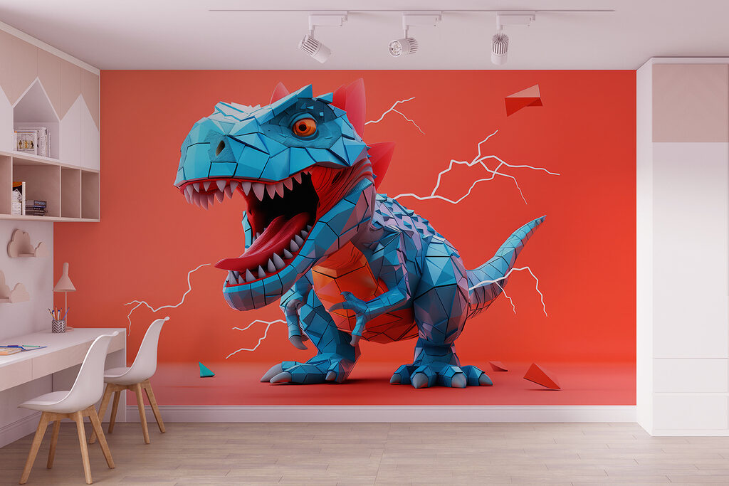 Blauwe dinosaurus op koraalrood — interieur 3