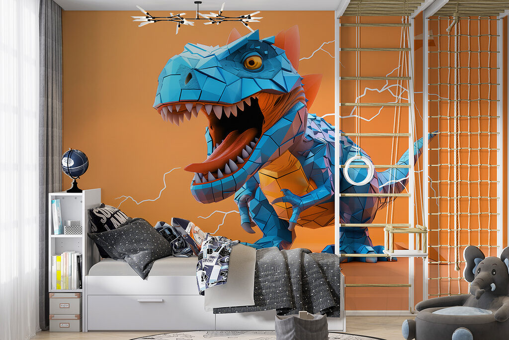 Blauwe dinosaurus met bliksem die eruit komt in een interieur