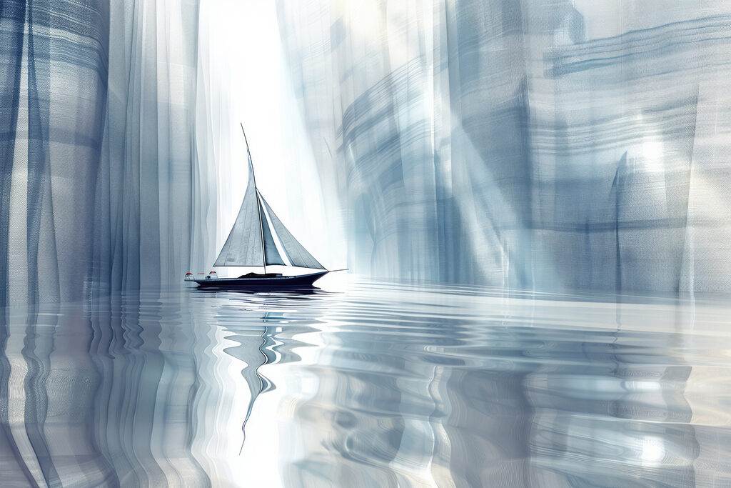 Zeilboot tussen blauwe wanden — volledig ontwerp