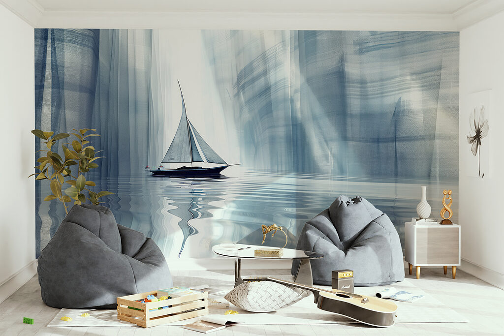 Zeilboot tussen blauwe wanden — interieur 2