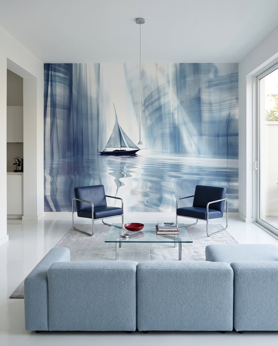 Zeilboot tussen blauwe wanden in een interieur