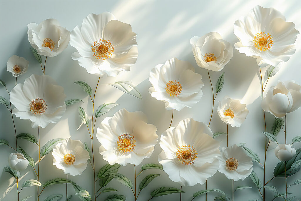 Witte bloemen vangen licht — volledig ontwerp