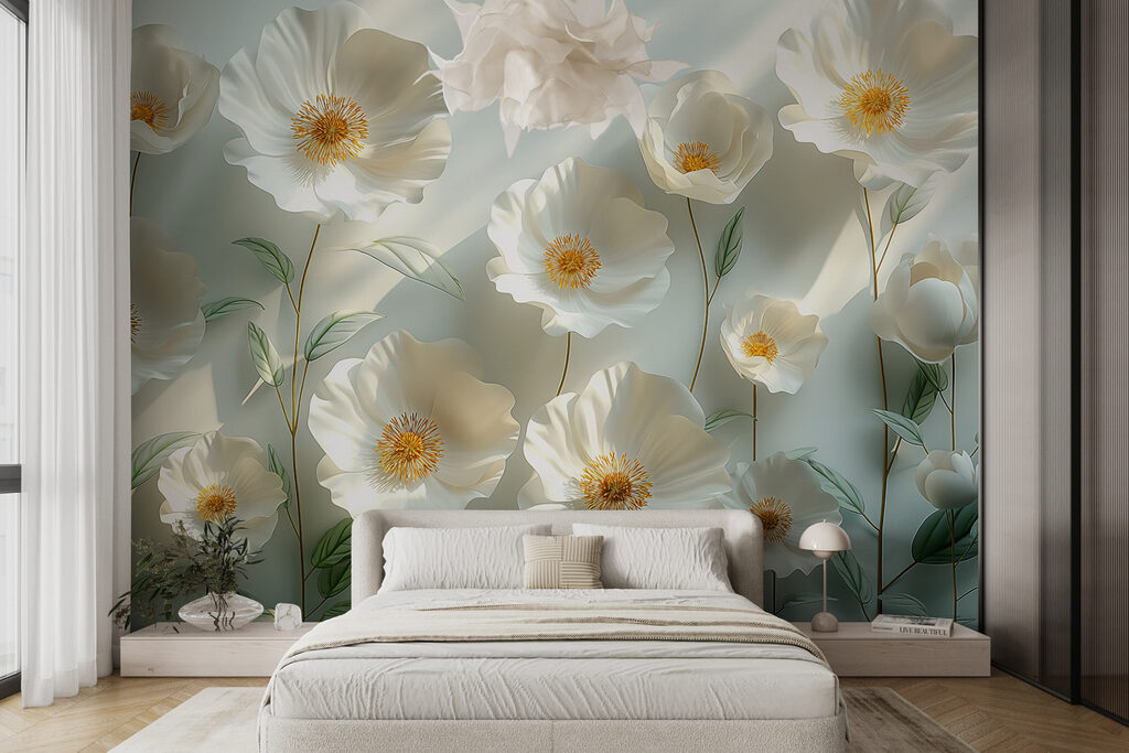 Witte bloemen vangen licht — interieur 1
