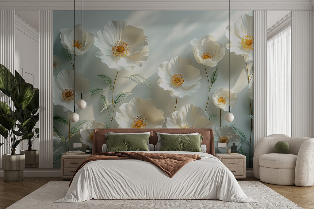 Witte bloemen vangen licht — interieur 2