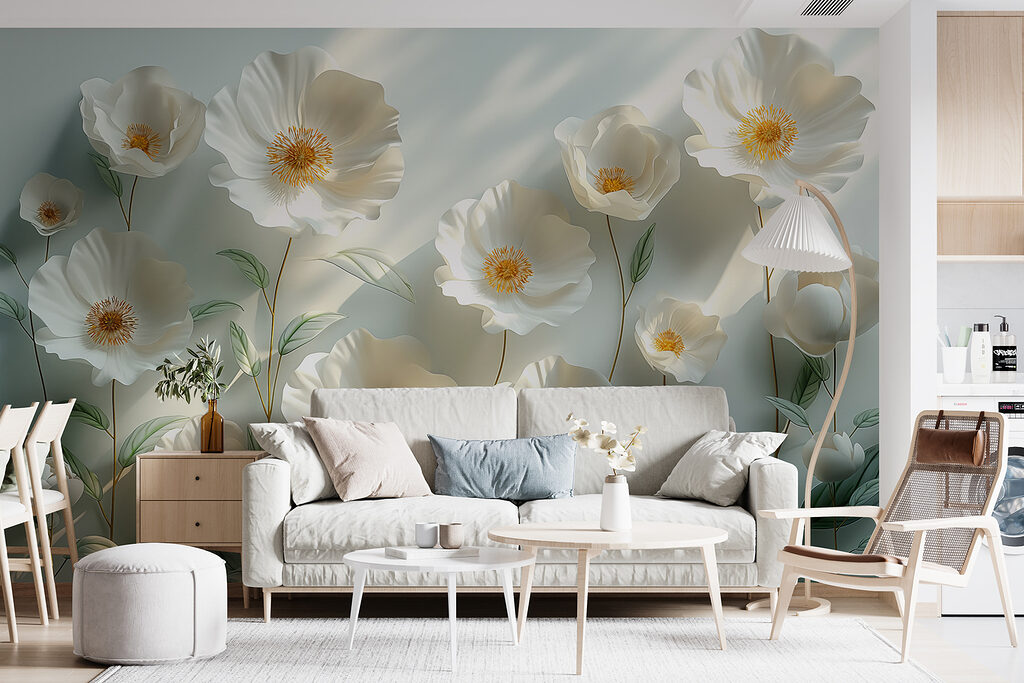 Witte bloemen vangen licht — interieur 4