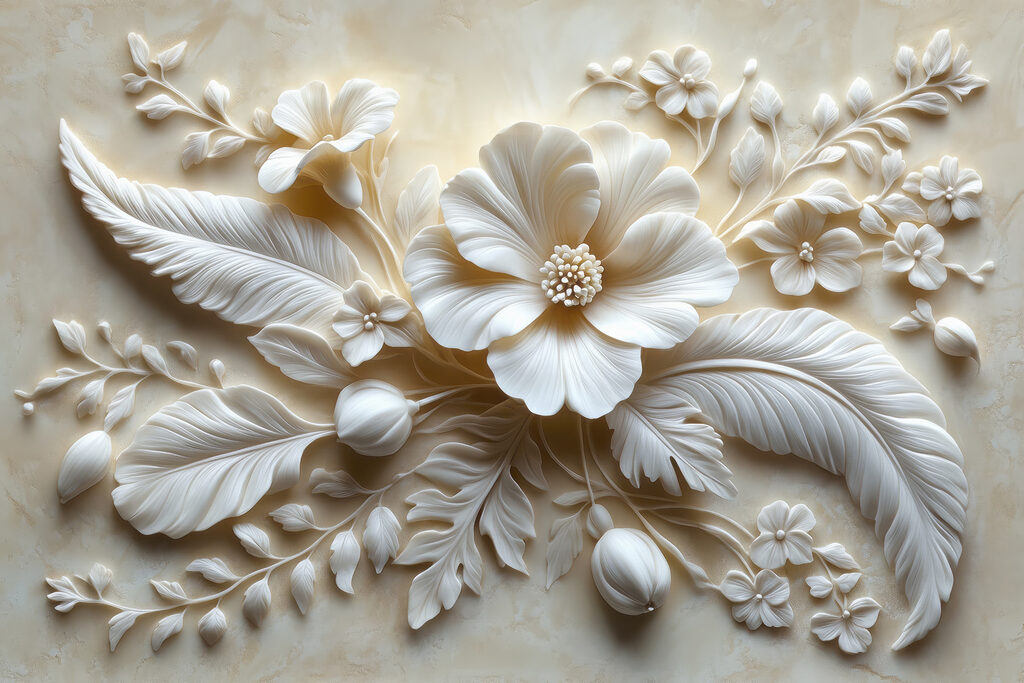 Witte bloem en bladeren — volledig ontwerp