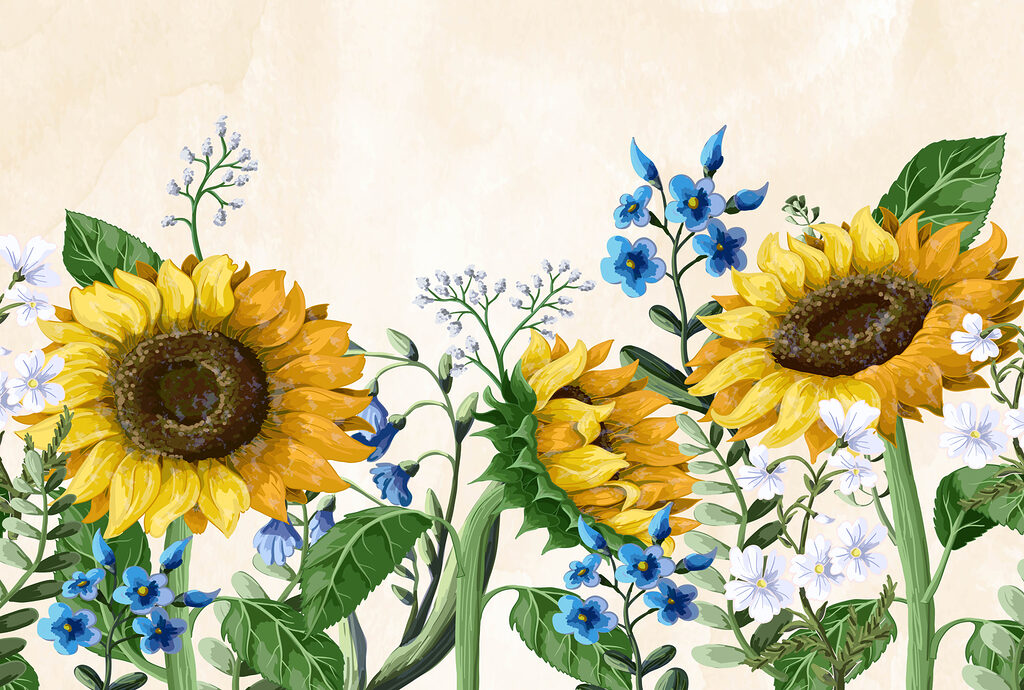 Zonnebloemen in fijne aquarel — volledig ontwerp