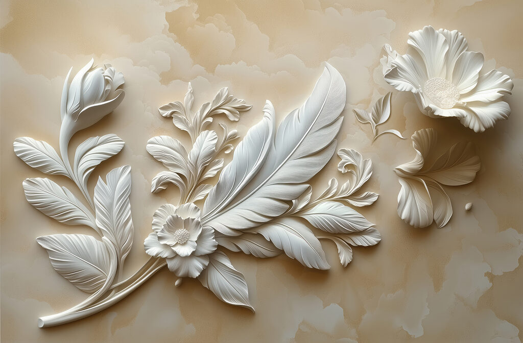 Witte bloemen met reliëfbladeren — volledig ontwerp