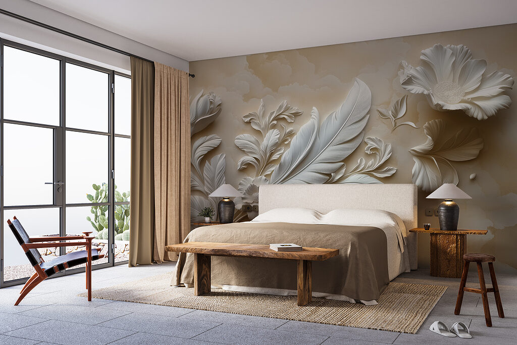 Witte bloemen met reliëfbladeren — interieur 1