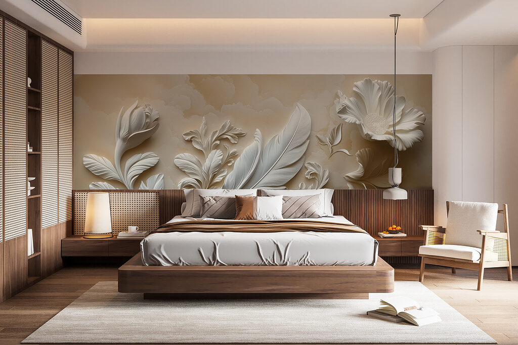 Witte bloemen met reliëfbladeren — interieur 2