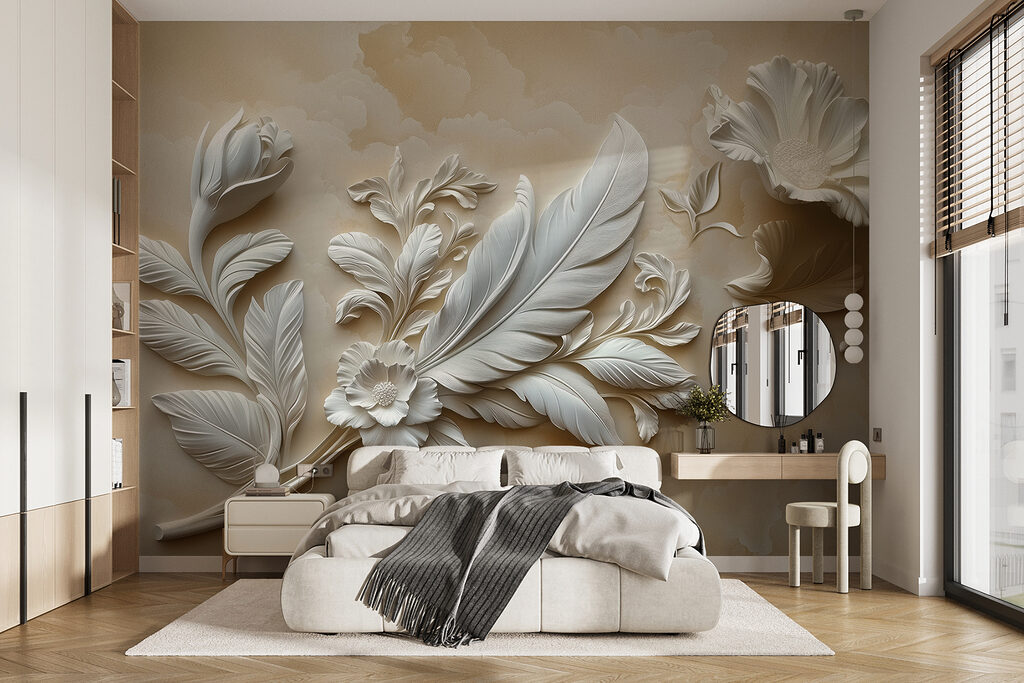 Witte bloemen met reliëfbladeren — interieur 3