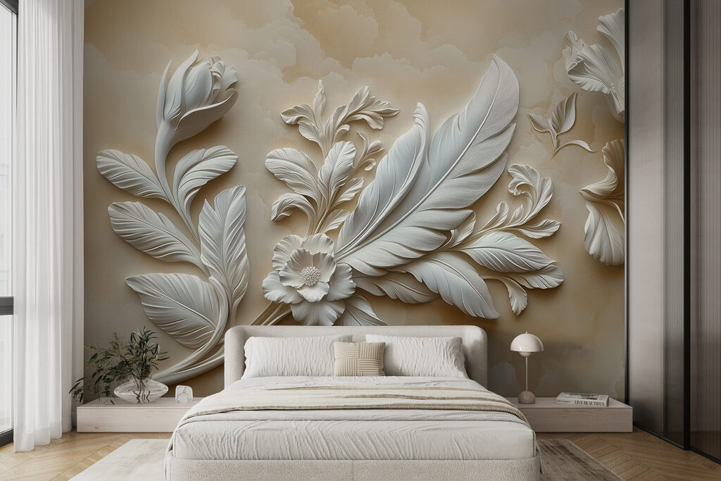 Witte bloemen met reliëfbladeren — interieur 4