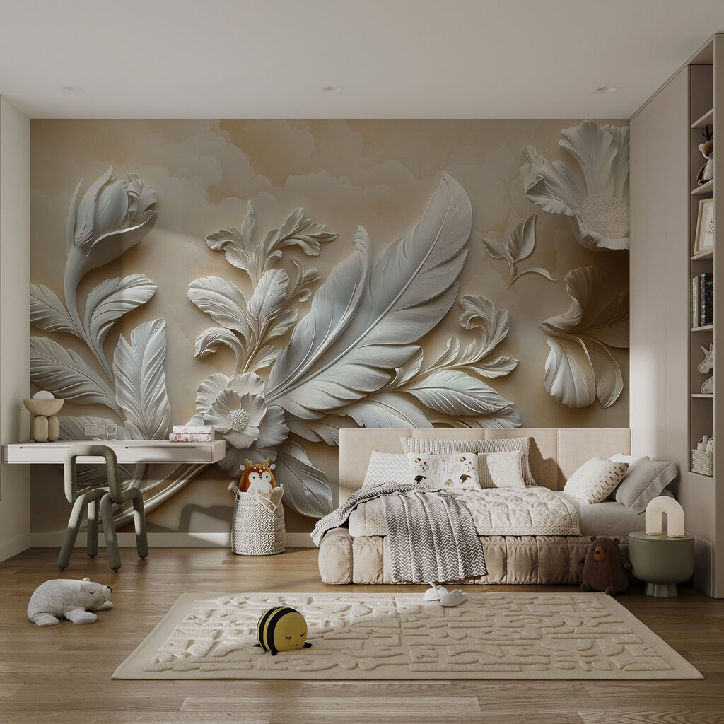 Witte bloemen met reliëfbladeren — interieur 5