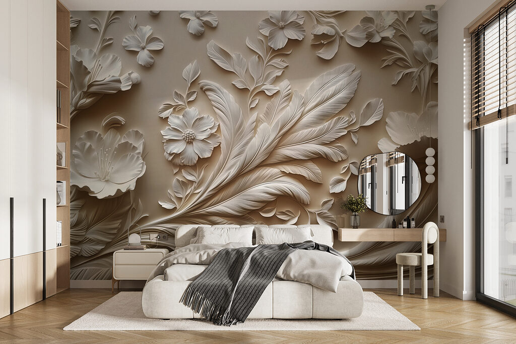 Elegant bloemmotief in neutrale tinten in een interieur