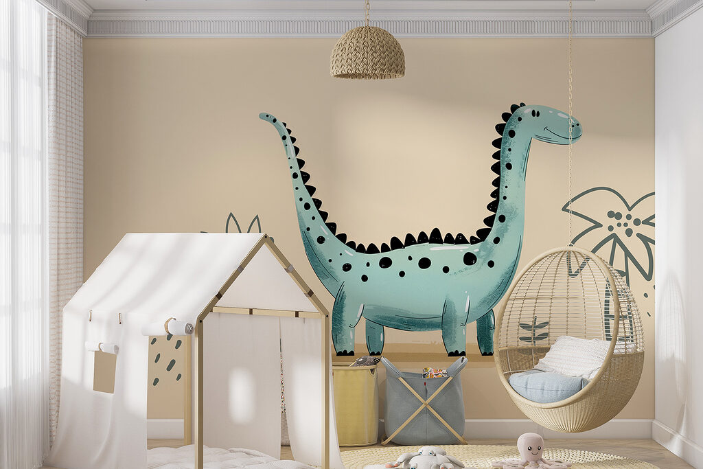 Cartoon dinosaurus met planten en bladeren in een interieur