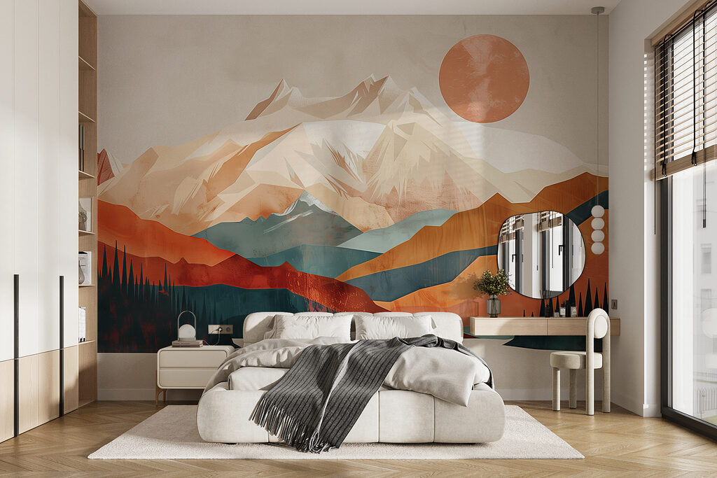 Berglandschap met bomen en een meer in een interieur