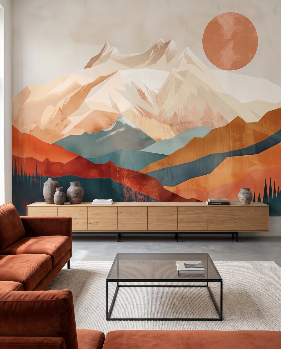 Bergtoppen onder koperkleurige zon in een interieur