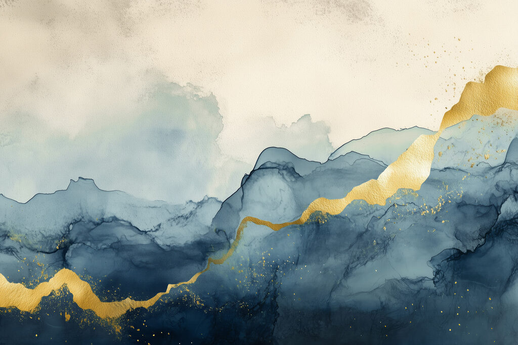 Blauwe berglagen, gouden stroom — volledig ontwerp