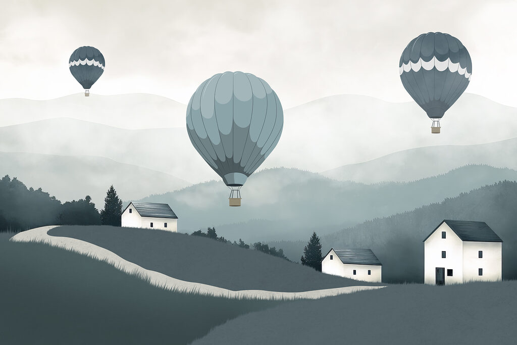 Ballonnen boven grijze heuvels — volledig ontwerp