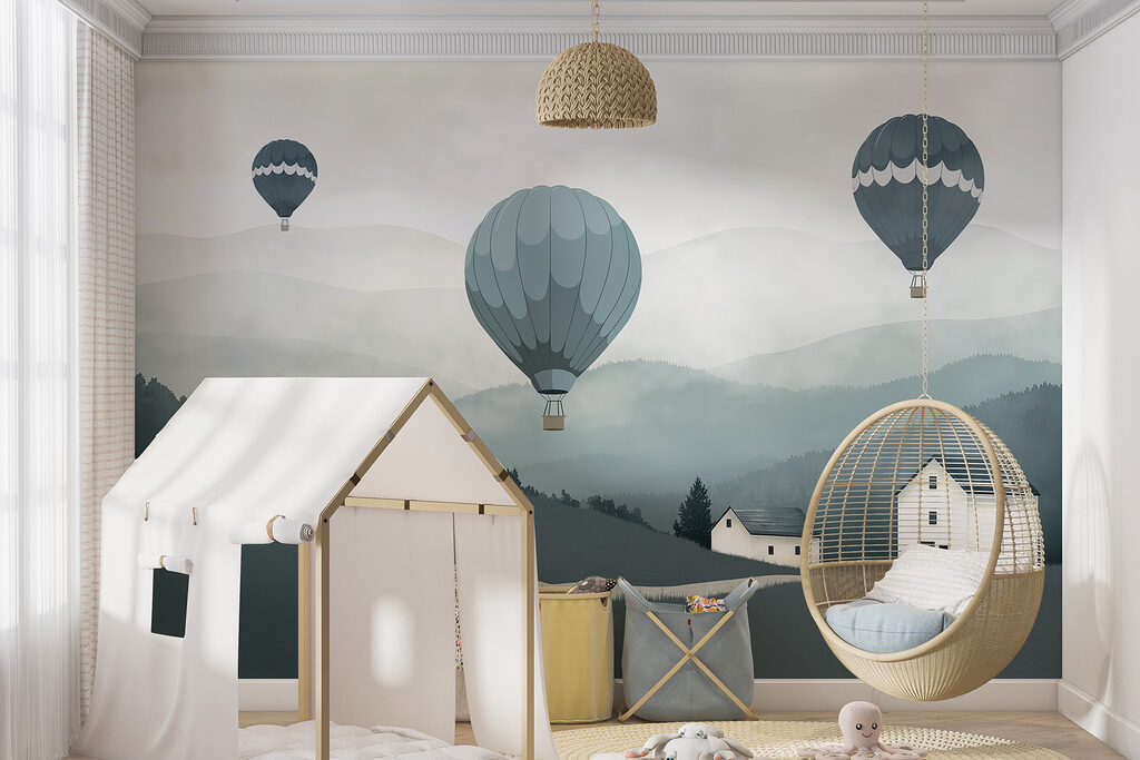 Ballonnen boven grijze heuvels — interieur 1