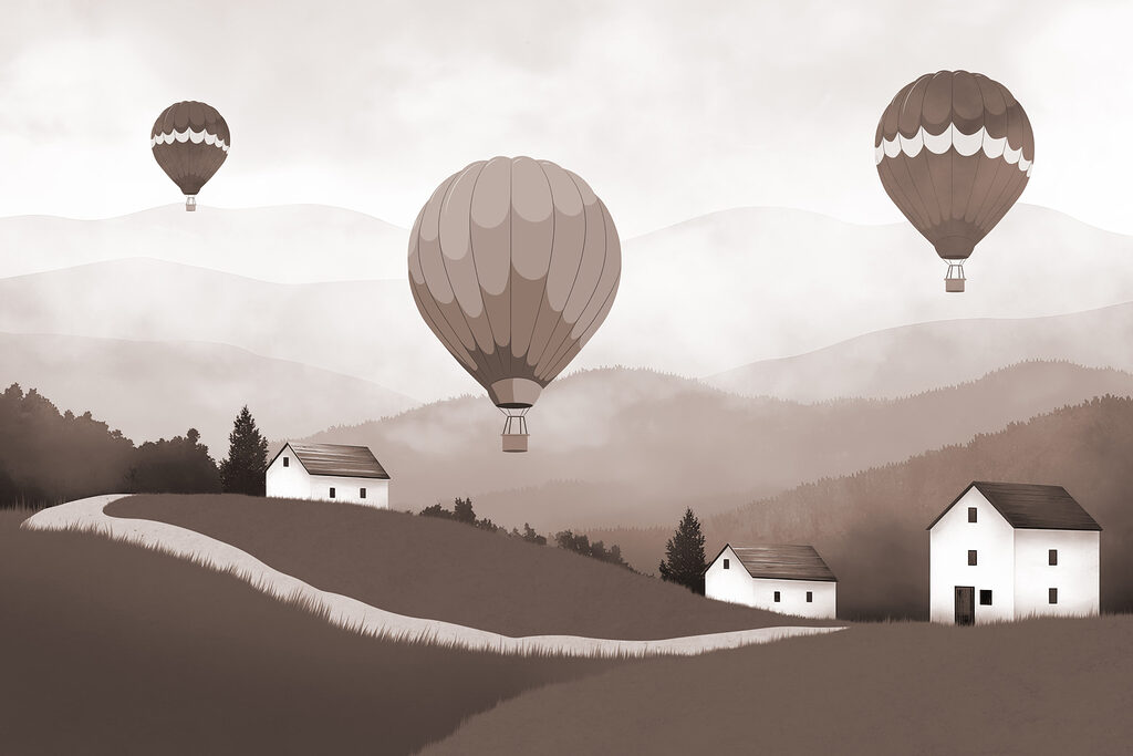 Ballonnen boven bruine heuvels — volledig ontwerp