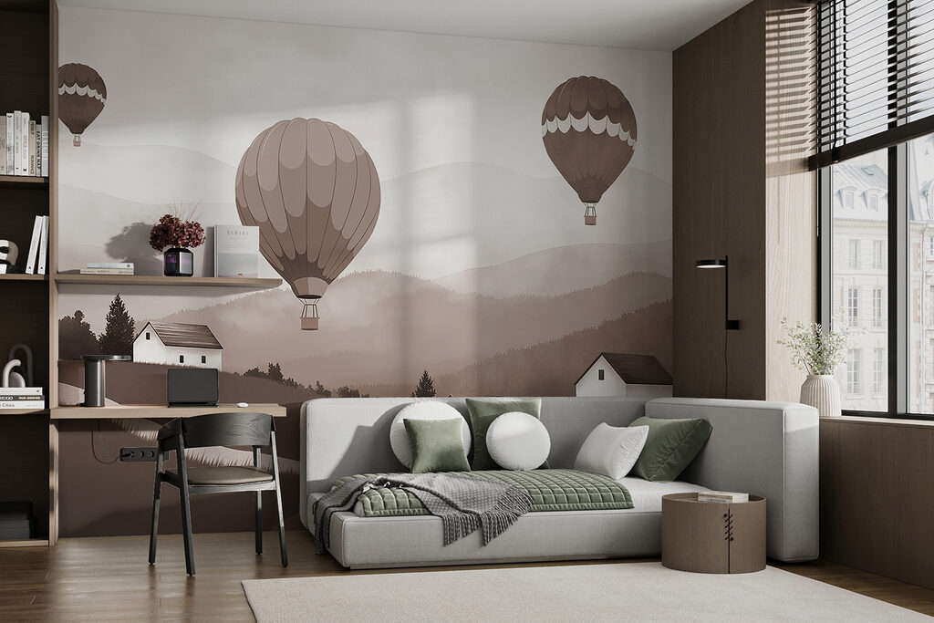 Groep heteluchtballonnen vliegend over een dorp in een interieur