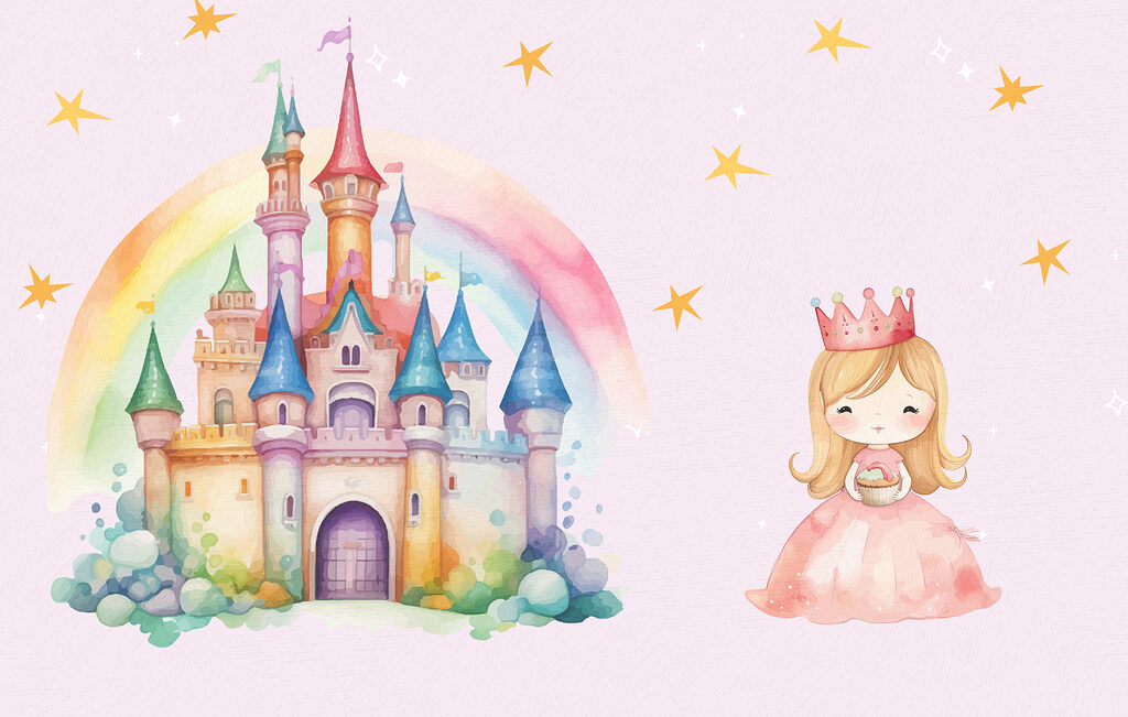 Prinses naast een regenboogkasteel — volledig ontwerp