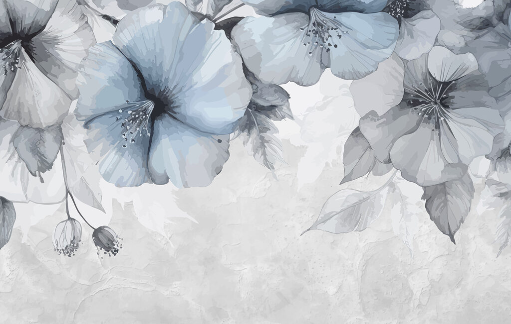 Blauwe bloemen langs bovenranden — volledig ontwerp