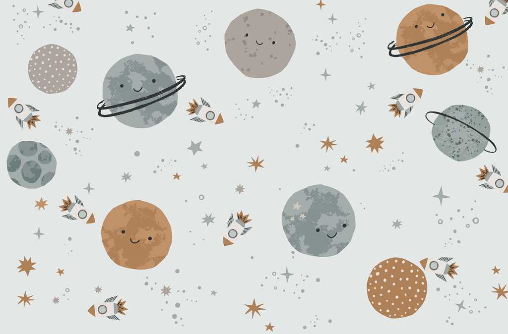 Vriendelijke planeten op lichtblauw — volledig ontwerp