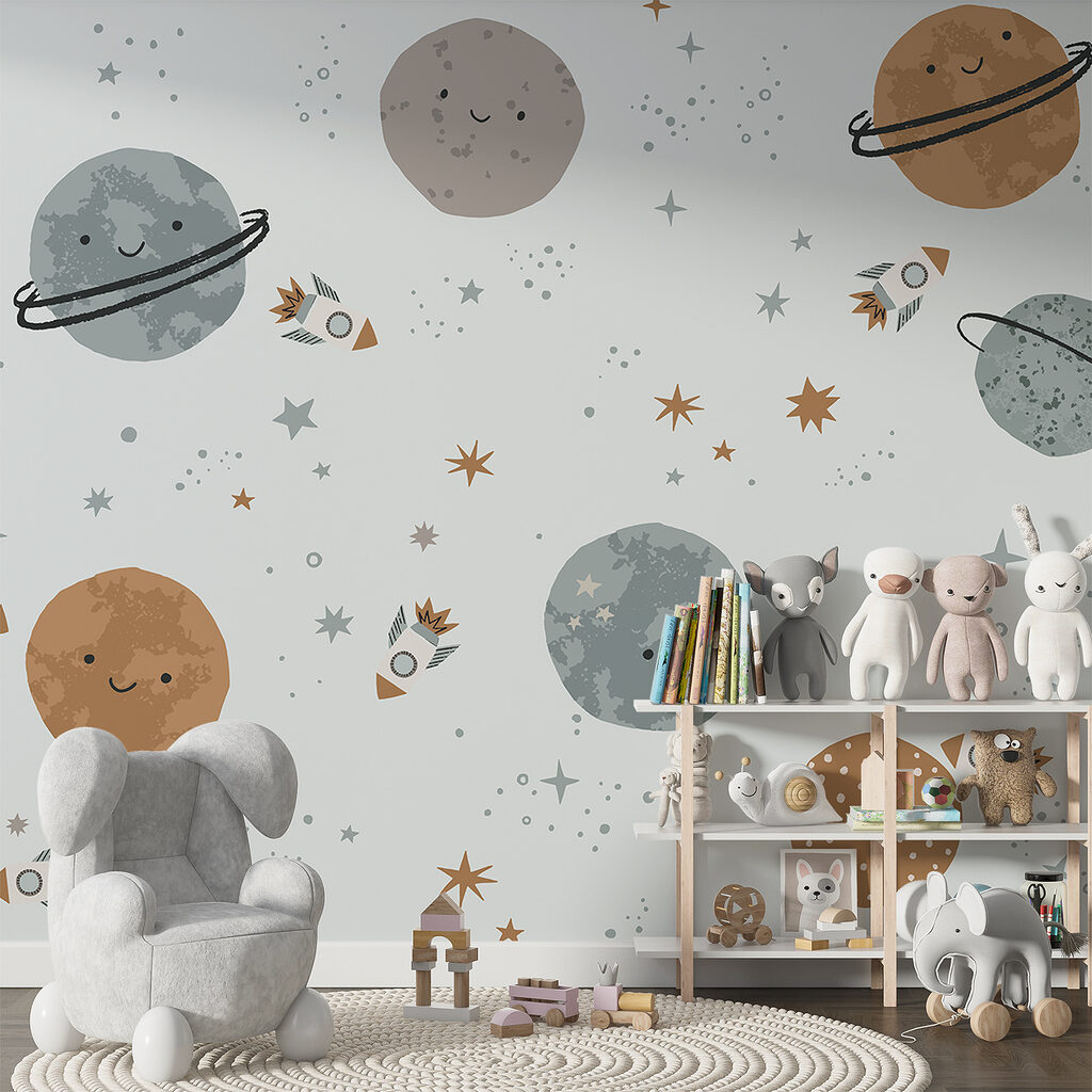 Patroon van planeten en raketten in een interieur