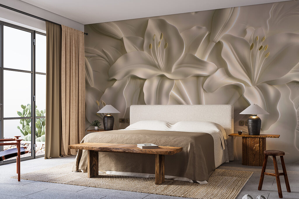 Lelies in roomkleurig reliëf — interieur 1