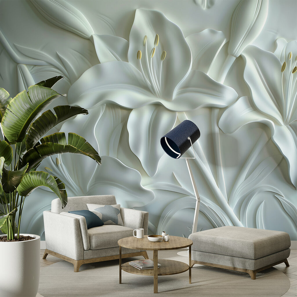 Elegante witte lelies met zachte vormen in een interieur