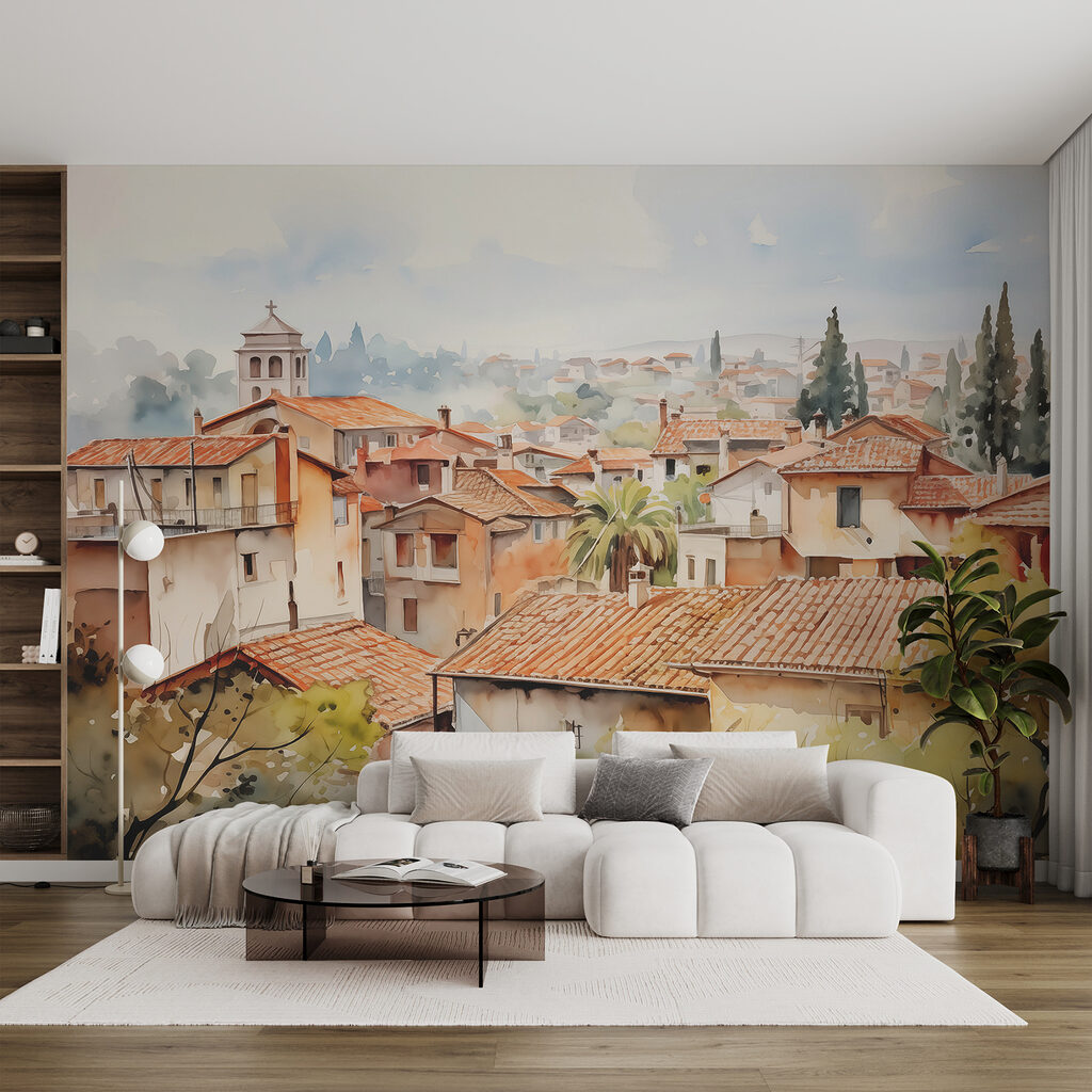 Aquarel van een stad met veel gebouwen en bomen in een interieur