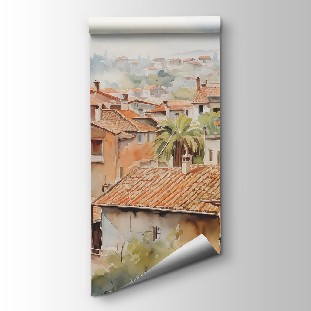 Aquarel van een stad met veel gebouwen en bomen — productweergave