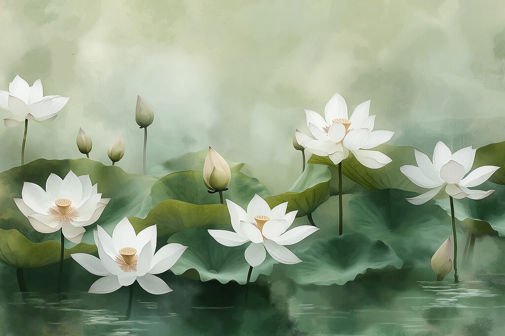 Lotussen in zachtgroen vijverlicht — volledig ontwerp
